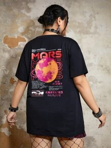 ROMWE Street Life 大碼標語圖案落肩T恤 - 黑色 - 查看 1