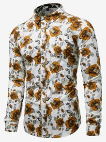 NITAGUT 男士玫瑰印花襯衫 - 白色 - 查看 1