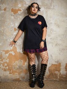 ROMWE Street Life 大碼標語圖案落肩T恤 - 黑色 - 查看 5