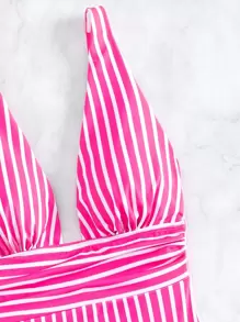 SHEIN Swim Summer Beach Striped Ruched Plunging One Piece Swimsuit - Multicolor - View 3