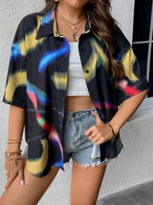 SHEIN Coolane Plus Brush Print Drop Shoulder Shirt - Multicolor - View 8