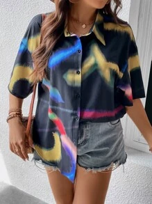SHEIN Coolane Plus Brush Print Drop Shoulder Shirt - Multicolor - View 1