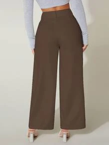 SHEIN PETITE Seam Front Wide Leg Trousers - Mocha Brown - View 2