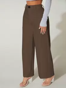 SHEIN PETITE Seam Front Wide Leg Trousers - Mocha Brown - View 4