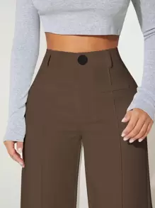SHEIN PETITE Seam Front Wide Leg Trousers - Mocha Brown - View 5