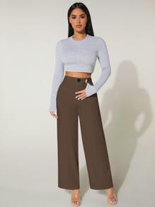 SHEIN PETITE Seam Front Wide Leg Trousers - Mocha Brown - View 6