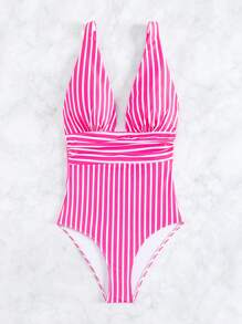 SHEIN Swim Summer Beach Striped Ruched Plunging One Piece Swimsuit - Multicolor - View 4