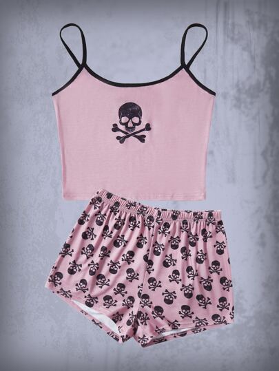 Goth Skull Print Contrast Binding PJ Set