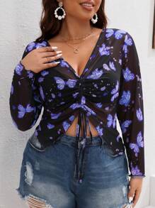 SHEIN VCAY Plus Butterfly Print Drawstring Front Mesh Top Without Bra - Black - View 1