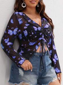 SHEIN VCAY Plus Butterfly Print Drawstring Front Mesh Top Without Bra - Black - View 6