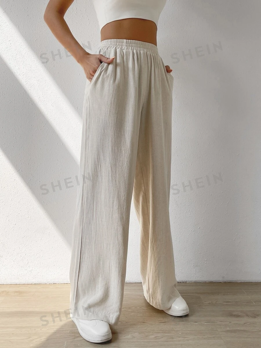 CovetEZ Pantalones de pierna ancha de lino con bolsillo inclinado sólido - Albaricoque - Ver 1