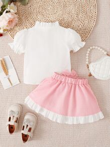 嬰兒泡泡袖前蝴蝶結襯衫和荷葉邊半身裙 - 彩色 - 查看 2
