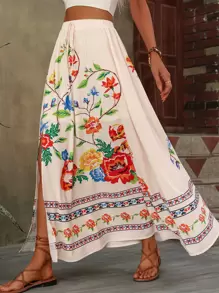 Breezaya Floral Print Knot Waist Split Thigh Skirt