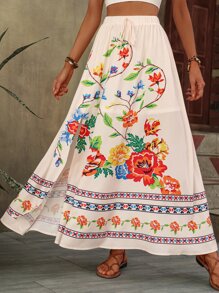 Breezaya Floral Print Knot Waist Split Thigh Skirt
