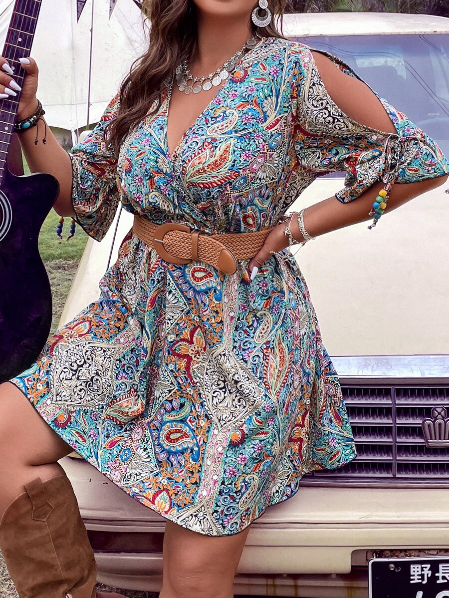 Breezaya Đầm Plus Size cườm đính Thắt nút Trọn gói Paisley Boho - Nhiều màu - Xem 1