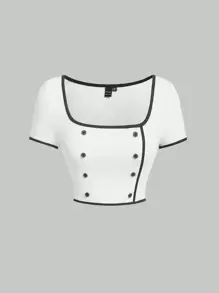 SHEIN MOD Áo thun nữ Gân đan Tương phản ràng buộc Nút đôi màu trơn Giải trí - trắng - Xem 1