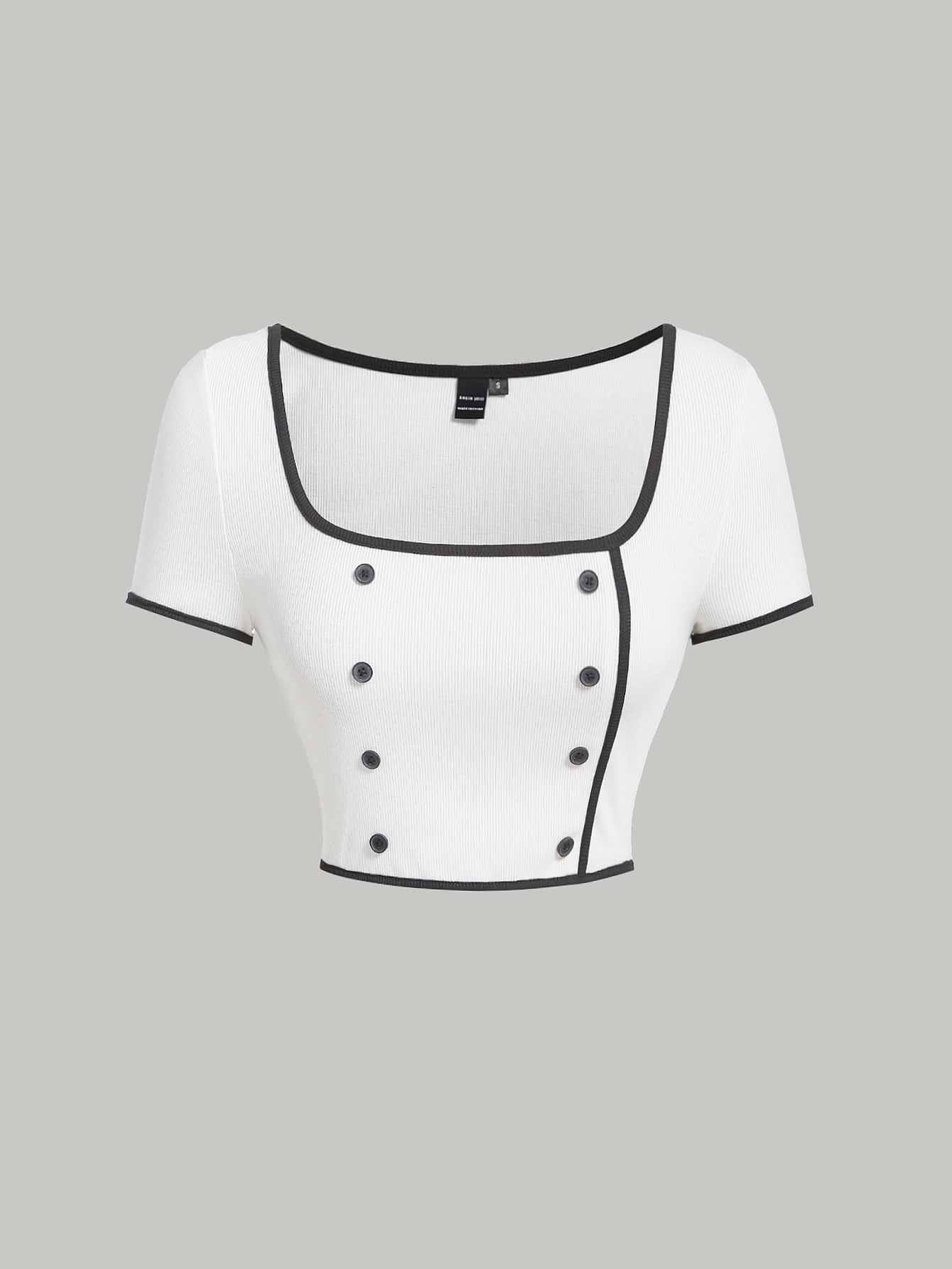 SHEIN MOD Áo thun nữ Gân đan Tương phản ràng buộc Nút đôi màu trơn Giải trí - trắng - Xem 1