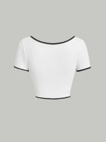SHEIN MOD Áo thun nữ Gân đan Tương phản ràng buộc Nút đôi màu trơn Giải trí - trắng - Xem 2