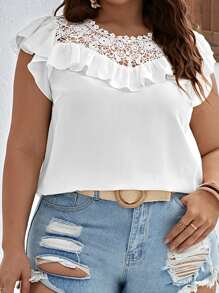 SHEIN VCAY Plus Guipure Lace Panel Ruffle Trim Blouse - White - View 2