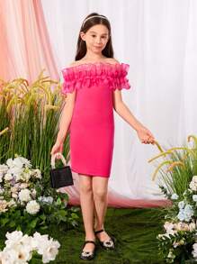 SHEIN Girls Off Shoulder Ruffle Trim Dress - Hot Pink - View 3