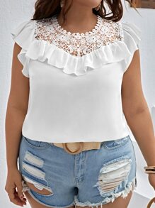 SHEIN VCAY Plus Guipure Lace Panel Ruffle Trim Blouse - White - View 4