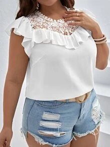 SHEIN VCAY Plus Guipure Lace Panel Ruffle Trim Blouse - White - View 6