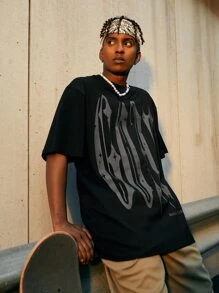 Hombres Camiseta de hombros caídos con estampado de letra - Negro - Ver 1