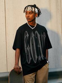 Hombres Camiseta de hombros caídos con estampado de letra - Negro - Ver 5