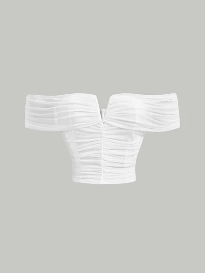 SHEIN MOD 約會夜晚的夏季v領白色浪漫露肩褶皺短款上衣