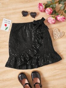 SHEIN Girls Bow Front Ruffle Hem Sequin Wrap Knot Side Skirt - Black - View 1