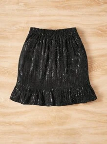 SHEIN Girls Bow Front Ruffle Hem Sequin Wrap Knot Side Skirt - Black - View 2