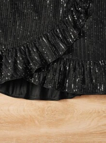 SHEIN Girls Bow Front Ruffle Hem Sequin Wrap Knot Side Skirt - Black - View 4