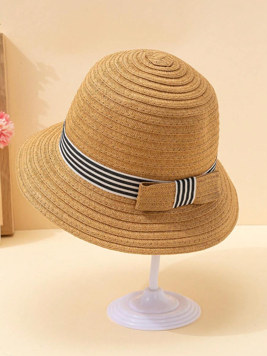 幼童蝴蝶結裝飾草編帽 - 卡其色 - 查看 1