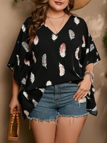 SHEIN VCAY Plus Feather Print Batwing Sleeve Blouse - Black - View 1