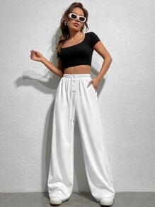 SHEIN EZwear Quần nữ Dây kéo Túi màu trơn Giải trí - trắng - Xem 4