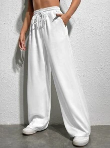 SHEIN EZwear Quần nữ Dây kéo Túi màu trơn Giải trí - trắng - Xem 5