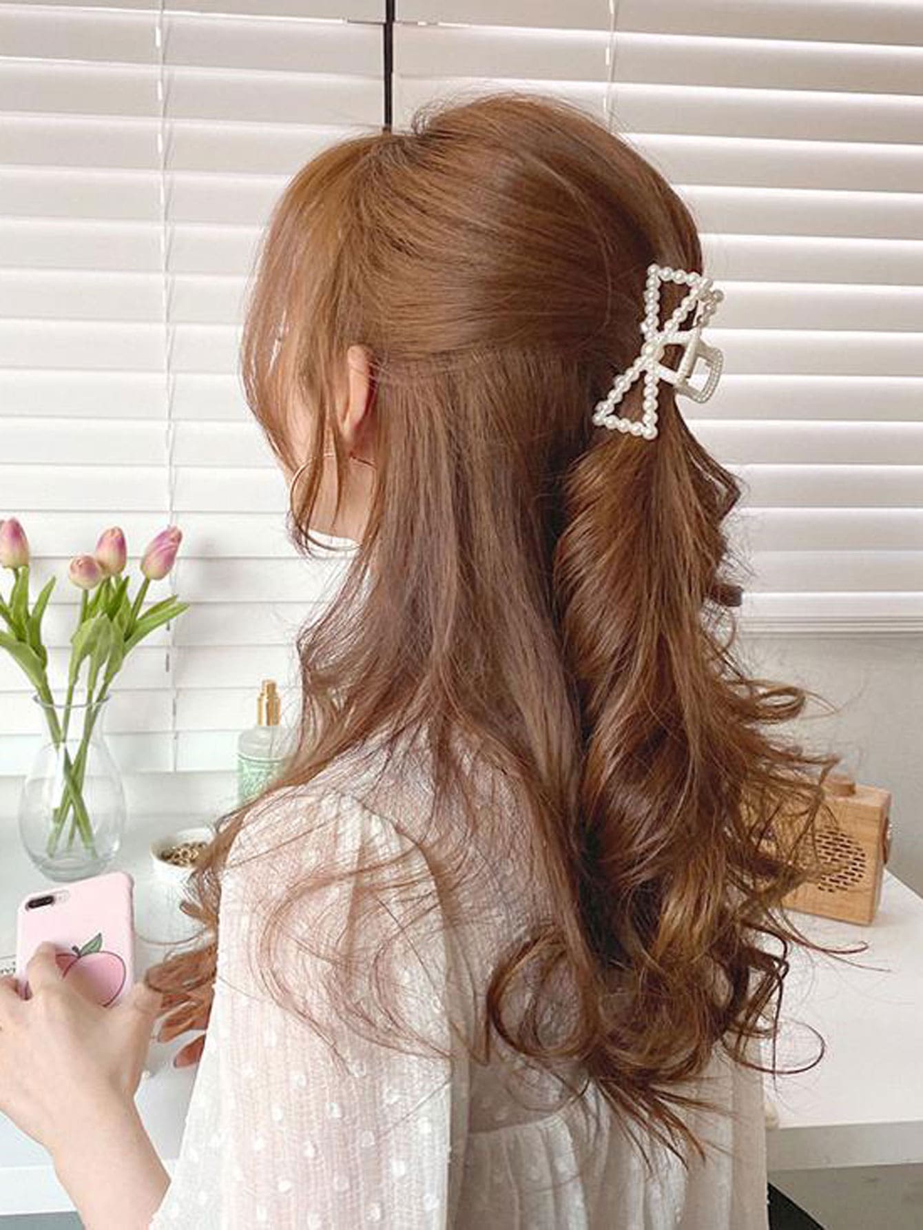 Faux Pearl Decor Hair Claw - White - View 1