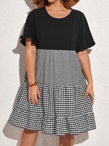 EMERY ROSE Đầm Plus Size Xù Viên lá sen Kẻ sọc Dễ thương - Đen và trắng - Xem 3