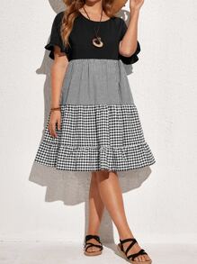 EMERY ROSE Đầm Plus Size Xù Viên lá sen Kẻ sọc Dễ thương - Đen và trắng - Xem 4
