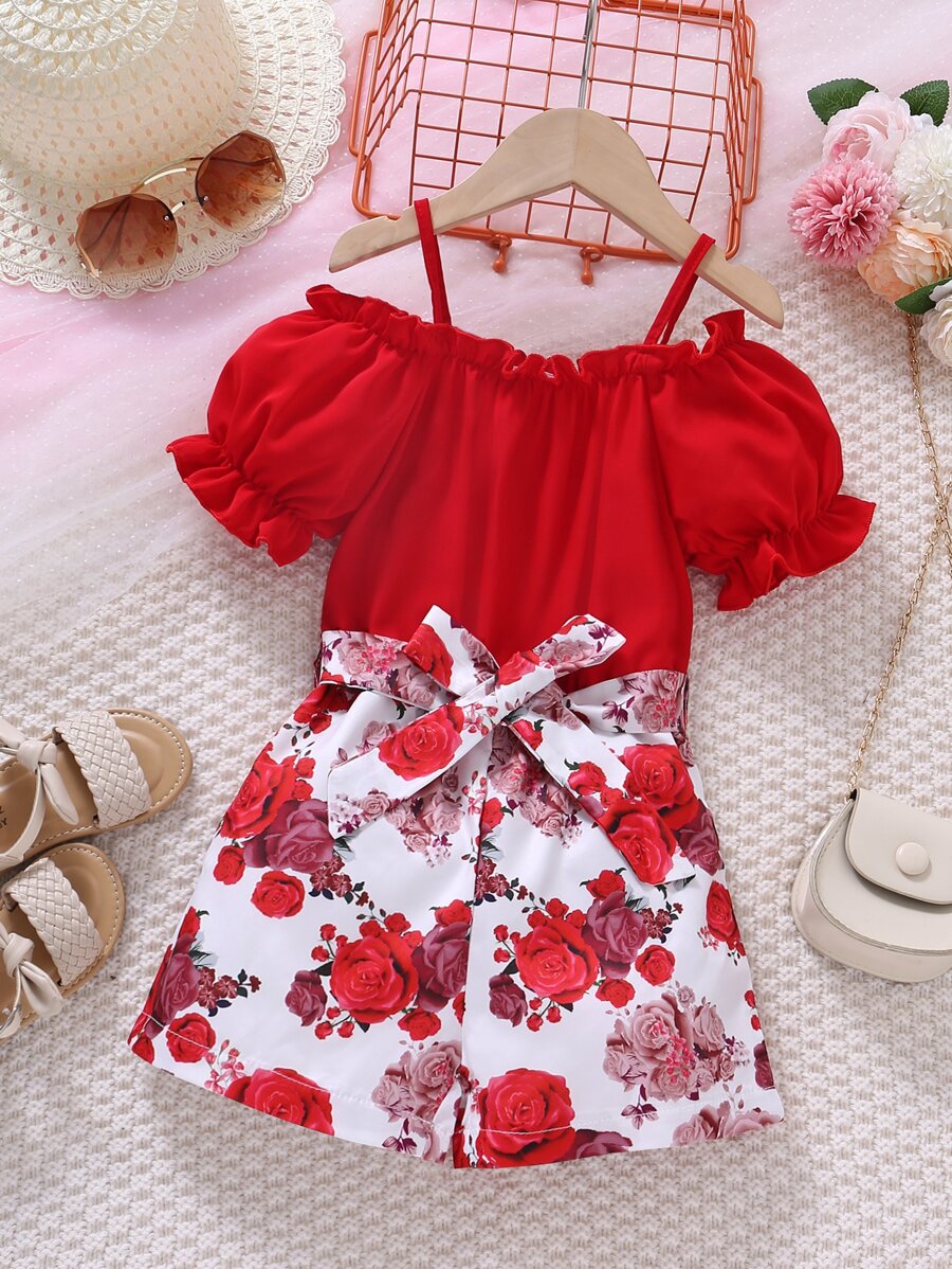 小女童印花挖肩泡泡袖腰帶連身短褲 - 紅白色 - 查看 1