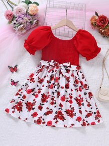 小女童印花泡泡袖繫腰帶洋裝