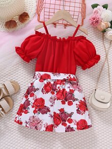 小女童印花挖肩泡泡袖腰帶連身短褲 - 紅白色 - 查看 2