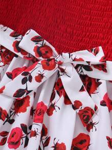 小女童印花泡泡袖繫腰帶洋裝