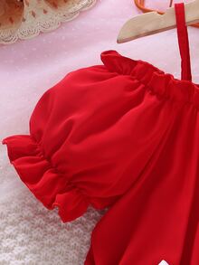 小女童印花挖肩泡泡袖腰帶連身短褲 - 紅白色 - 查看 3