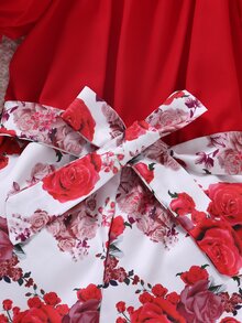 小女童印花挖肩泡泡袖腰帶連身短褲 - 紅白色 - 查看 5