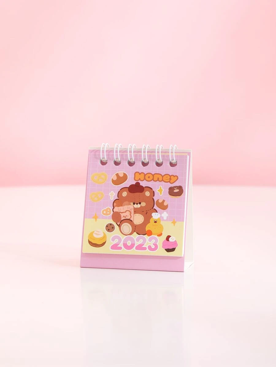 1入組卡通圖形隨機迷你桌面日曆可愛可寫日曆適合家庭辦公室 - 粉色 - 查看 1