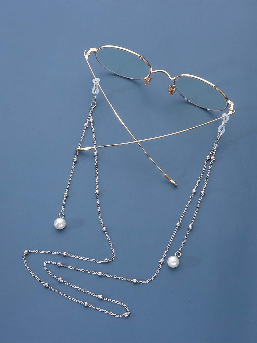 Faux Pearl Decor Glasses Chain - Silver - View 1