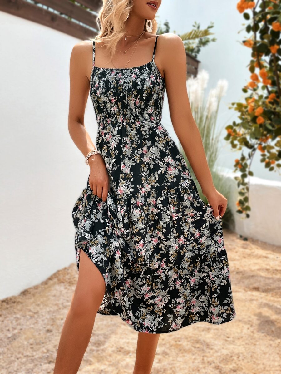 SHEIN VCAY Floral Print Cami Dress - Black - View 1