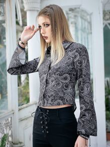 ROMWE Goth 佩斯利印花前紐扣襯衫 - 黑與白 - 查看 4