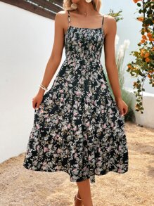 SHEIN VCAY Floral Print Cami Dress - Black - View 4